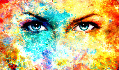 woman eyes on abstract color Backgrounds, painting collage with spots, rust structure.