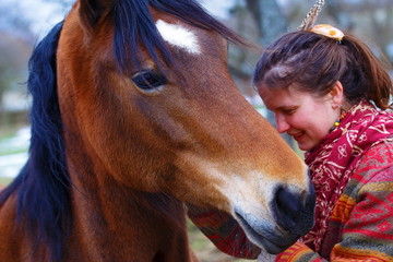 portrait woman and horse in outdoor