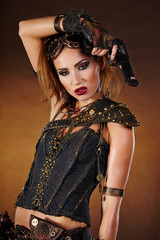 Steampunk woman over gunge background. . Fantasy fashion for cov
