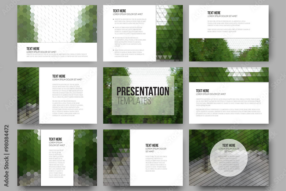 Poster set of 9 templates for presentation slides. park landscape. abstract multicolored backgrounds. natur