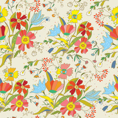 Obraz premium Floral seamless pattern with bright flowers, leaves and dots -
