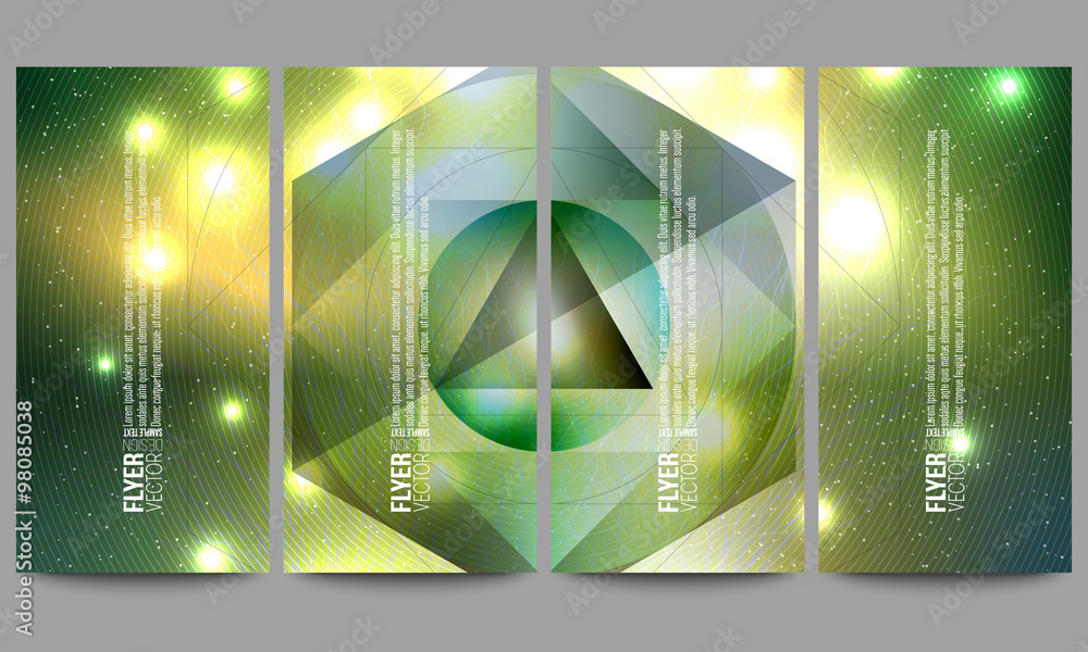 Poster set of modern vector flyers. abstract multicolored background with bokeh lights and stars. scientifi