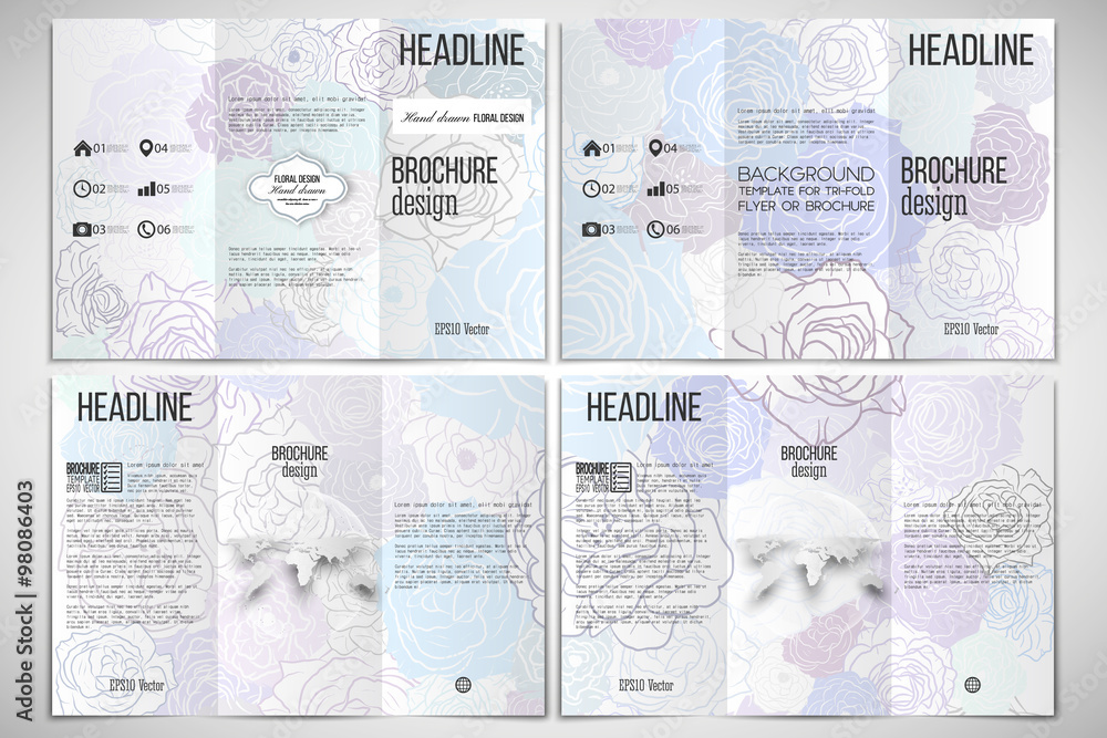 Poster vector set of tri-fold brochure design template on both sides with world globe element. hand drawn f