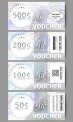 Set of modern gift voucher templates. Hand drawn floral doodle pattern, abstract vector background