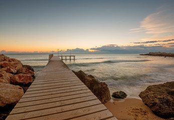old wood bridge pier with nobody against beautiful morning sky use for natural background ,backdrop and multipurpose sea scene