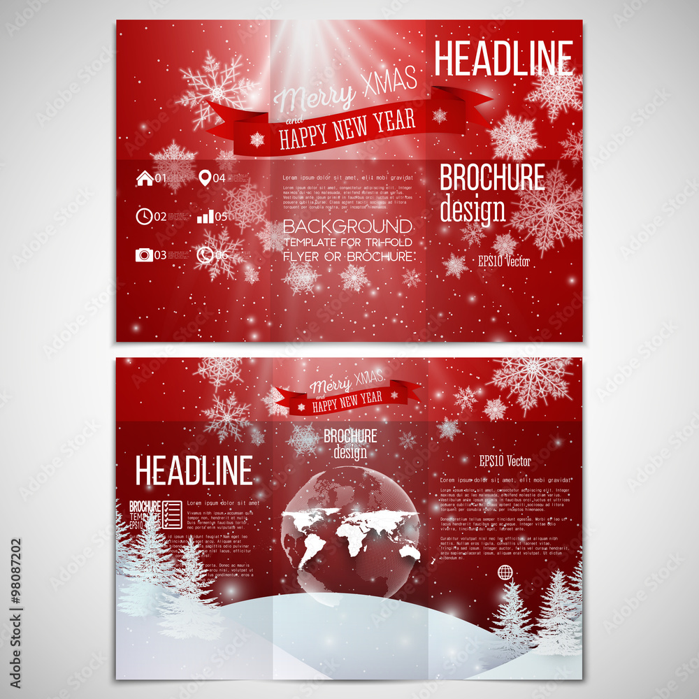 Wall mural Vector set of tri-fold brochure design template on both sides with world globe element. Merry Christmas and happy New Year vector background