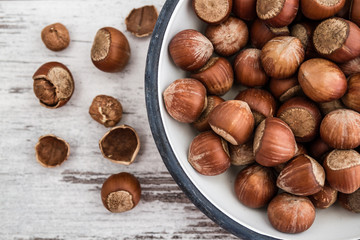 Hazelnuts in Enamel Bowl on White Wooden Table