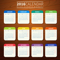 Calendar template 2016 wooden background