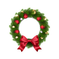 Fototapeta na wymiar Vector Green Christmas wreath with Christmas balls