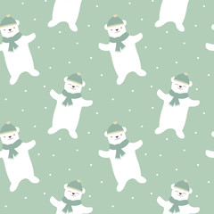 Fototapeta na wymiar cute cartoon white polar bear with snow seamless vector pattern background illustration