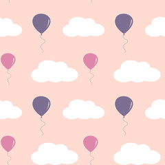 cute lovely balloons in the pink sky with white clouds seamless vector pattern background illustration
