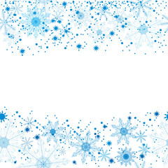 Winter background of beautiful, delicate snowflakes on a white background. For postcards, greetings, and inscriptions.