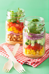 Fototapeta na wymiar healthy vegetable chickpea salad in mason jar