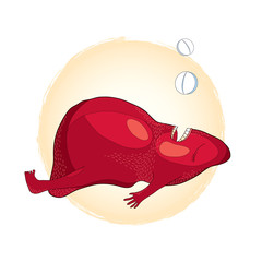 Illustration of sick liver taking pills. Hangover or effects of alcohol in cartoon style on the background with beige round.