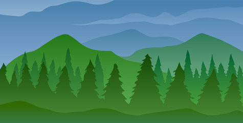 Vector illustration. Green mountains and trees.