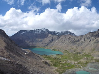 lake Alla Kol in mountains in Kyrgyzstan