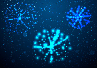 Vector illustration. Fireworks on a blue background and snow.