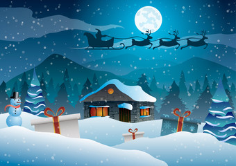 Vector illustration. Christmas. The house on a background of trees, moon and mountains. Santa, gifts and snowman.
