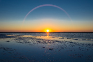 Sunrise on the lake Baskunchak.