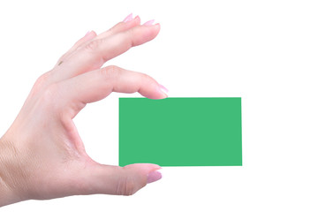 Green bussiness card in women hand on a white background