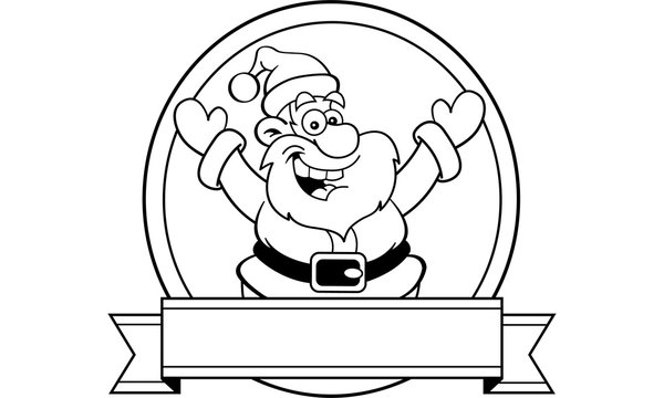 Black and white illustration of Santa Claus with a banner.