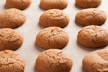 Oatmeal cookies on burlap tablecloth