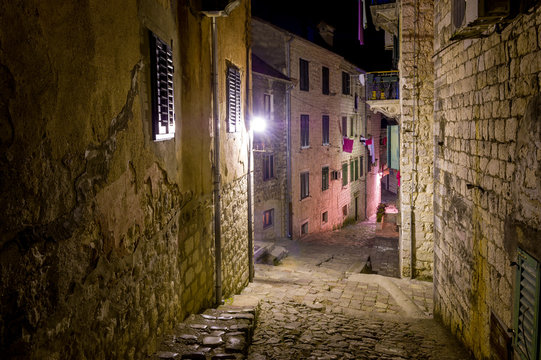 Kotor old town streets at night