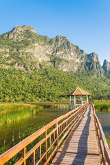 Wooden Bridge in lotus lake  at Khao Sam Roi Yot