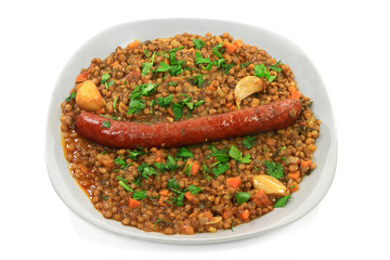Brown Lentil Stew with Sausage