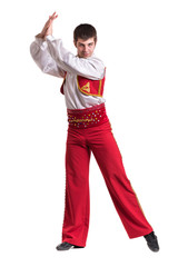 Dancing man wearing a toreador costume. Isolated on white in full length