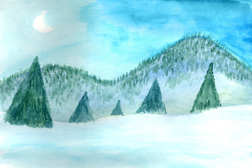 Fir trees on the hills and mountains in watercolor