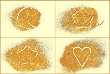 Greeting card with Text Happy Holidays and set of four holiday patterns of golden glitter 