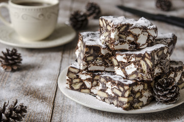 Dessert of chocolate biscuit and marshmallow from Nigella Lawson   