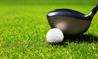 Fototapeta na wymiar Golf club and ball on a green grass