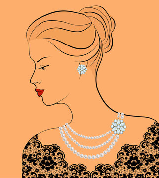 elegant woman portrait with pearl necklace clip art preview