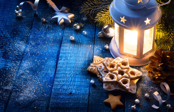 art Christmas background with christmas light and festive decora