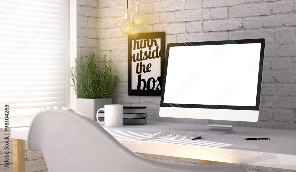 Sticker stylish workplace with blank screen computer