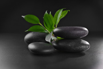 Obraz na płótnie Canvas Pile of pebbles with leaf on black background