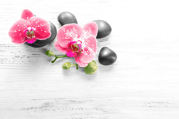 Naklejka na ściany i meble Beautiful composition of orchid and pebbles on white wooden background, copy space