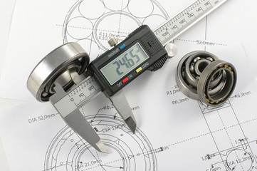 Bearing and caliper on the mechanical engineering drawing