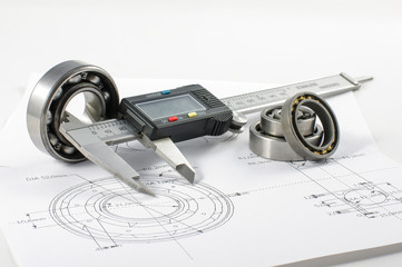 Bearing and caliper on the mechanical engineering drawing