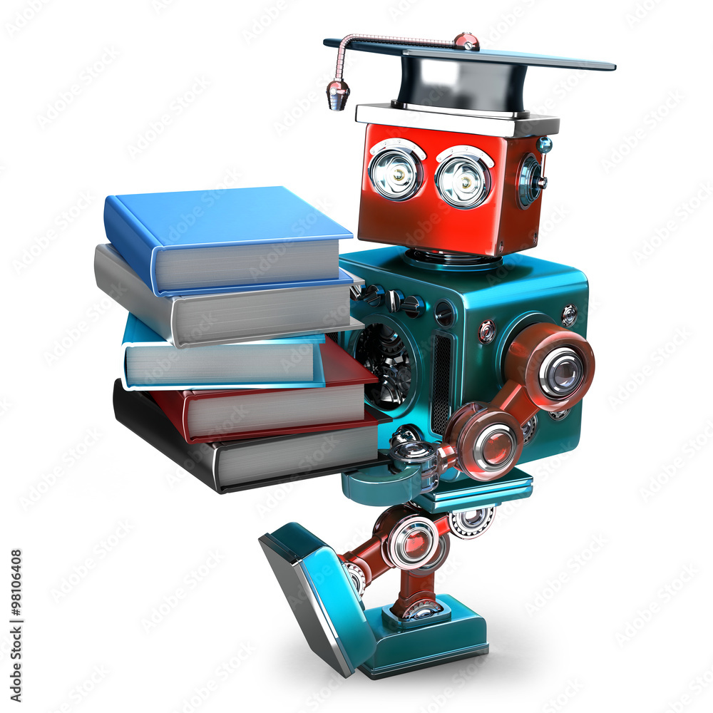 Poster vintage robot with stack of books. isolated. contains clipping path