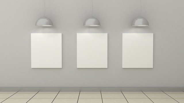 Empty picture frames in modern interior background on the whitewash paint wall with concrete tiled floor. Copy space image.