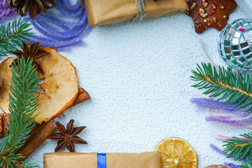 Frame made of christmas gift boxes and christmas decorations