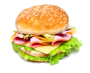 isolated burger sandwich with sausage, lettuce and cheese on the white background