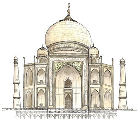 Watercolor Hand drawn architecture sketch of Agra, India Taj Mahal isolated on white