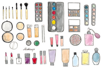 Watercolor Hand drawn sketch big set of makeup isolated on white with lettering