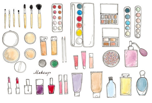 Watercolor Hand drawn sketch big set of makeup isolated on white with lettering