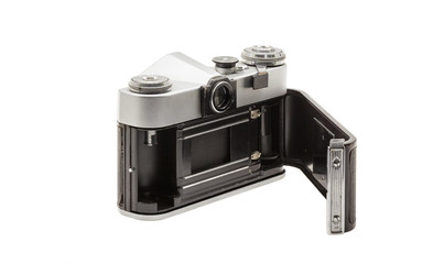 Retro soviet film camera isolated on white background. Soviet reflex camera. Opened back side