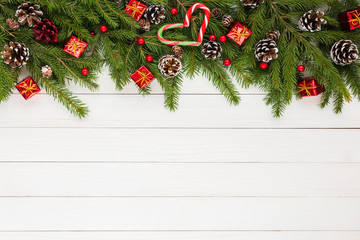 Fototapeta na wymiar Christmas background. Christmas tree, decoration, gifts, heart. Copy space